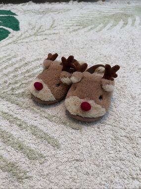 Kids Plush Reindeer Slippers - Brown with Red Nose